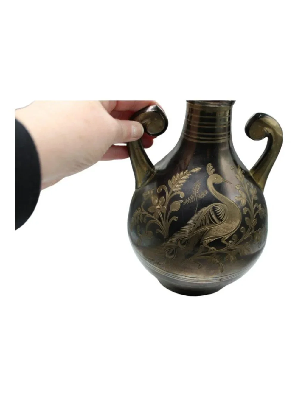 Vintage Solid Brass Vase Handles Etched Peacock & Inverted Heart Ruffled Top